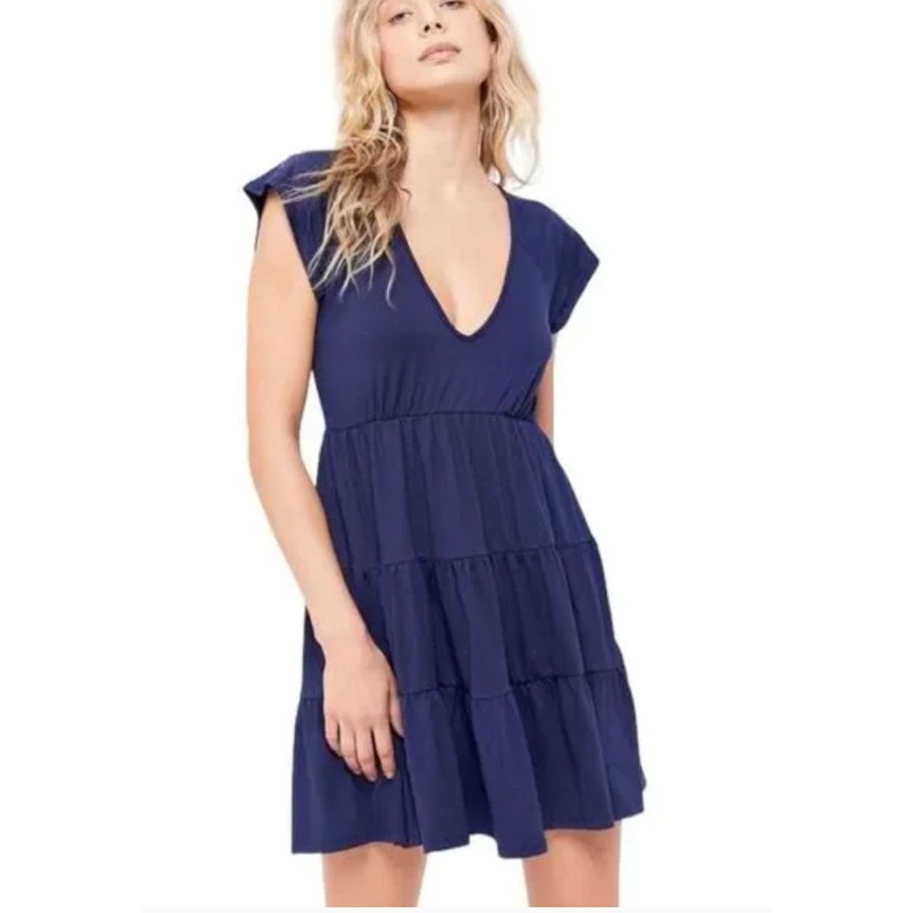 Urban Outfitters Julia Tiered Mini Dress Short Sleeves Navy Blue Womens SMALL